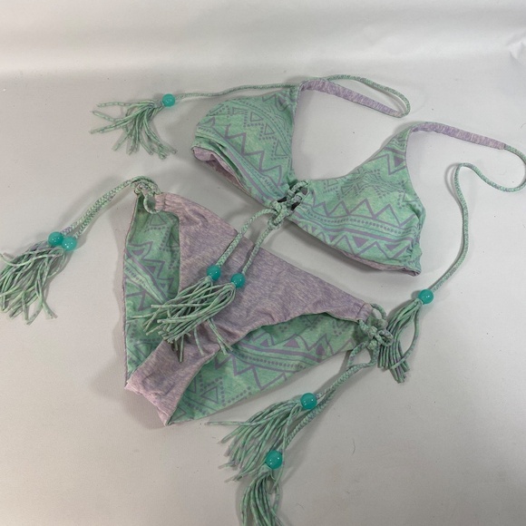 Victoria Secret Womens Reversible Bikini Small Mint Purple Tie Tassels Aztec - Picture 16 of 16
